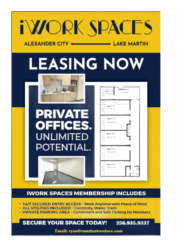 A flyer for iWork Spaces in Alexander City, Lake Martin, featuring private office photos, a floor plan, and leasing details.
