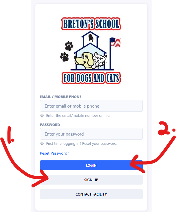 Login screen for Breton's School for Dogs and Cats. Prompts for email/phone and password, with
