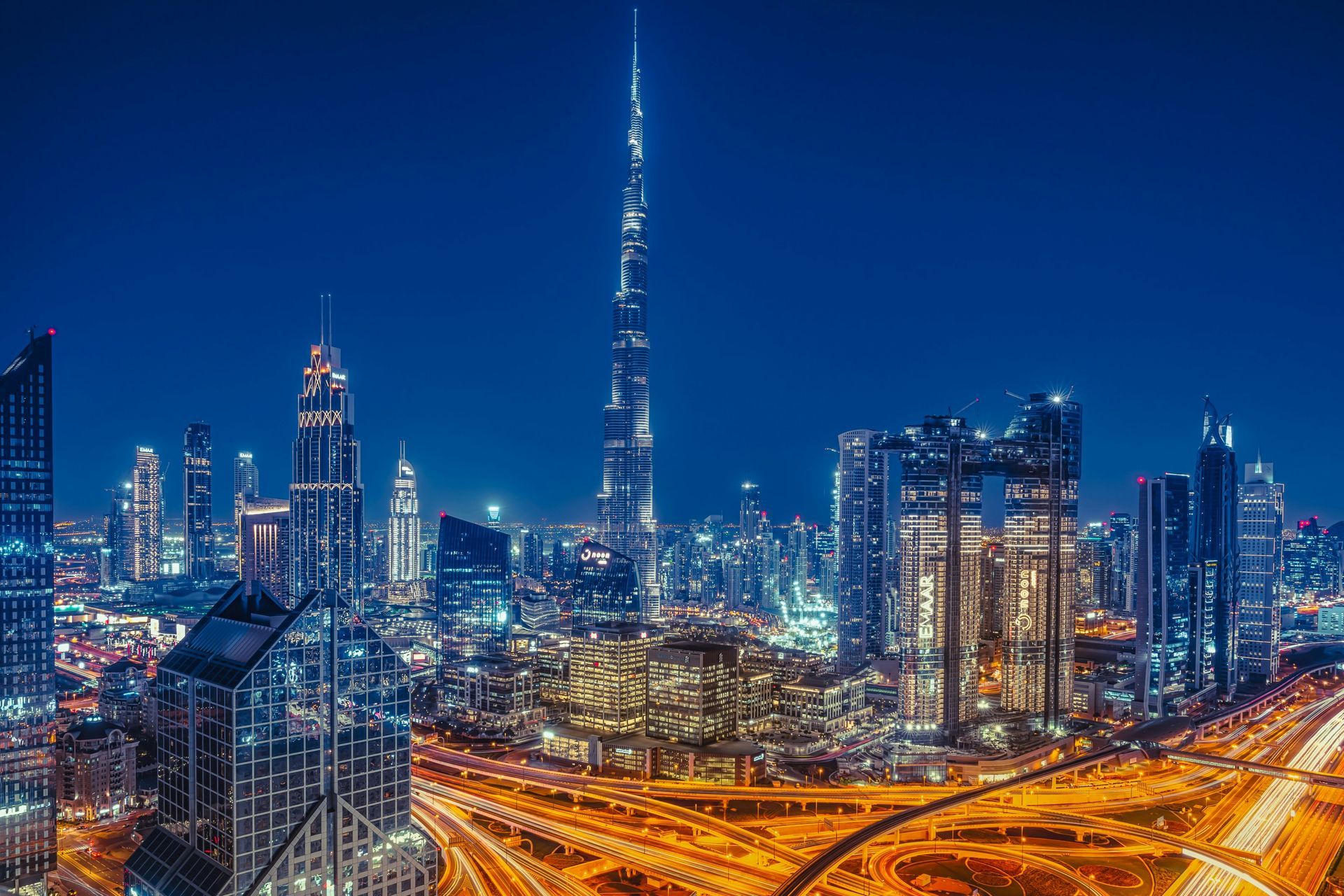 Dubai at night with the Burj Khalifa, destination for international removals to Dubai from the UK