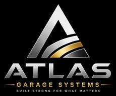 Atlas Garage Systems logo with silver and gold stylized A on black background