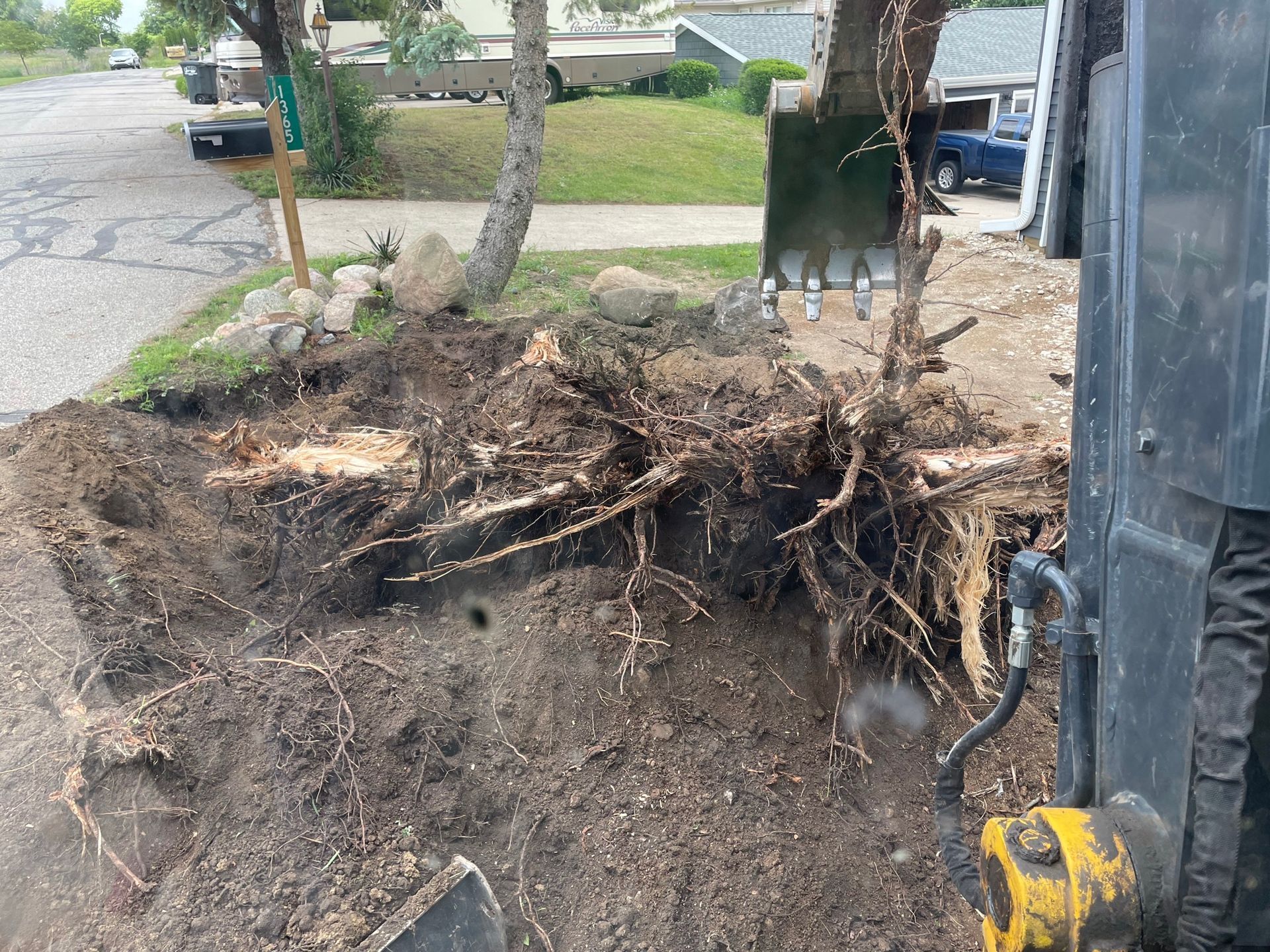 A tree stump and roots are exposed by excavation equipment on a residential street.
