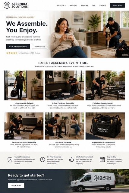 Home services website homepage with headline, service tiles, and a white van on a dark banner