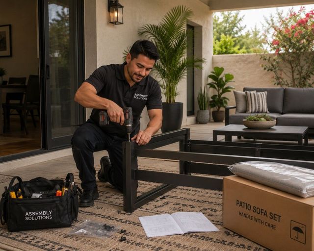 Man assembling a black outdoor sofa frame on a patio, with tools and cushions nearby.