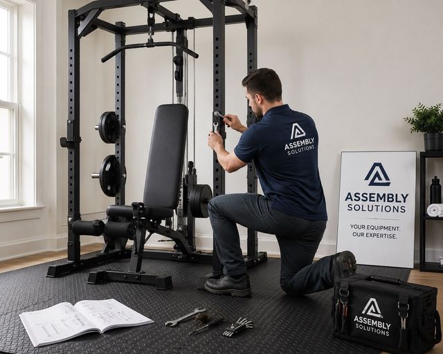 Technician assembling a black gym machine with tools in a bright room, Assembly Solutions logo visible.