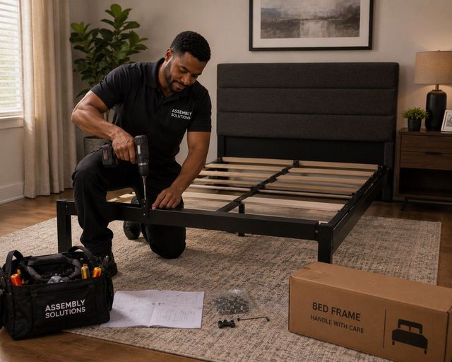 Man assembling a black metal bed frame in a living room, with tools and packaging nearby.
