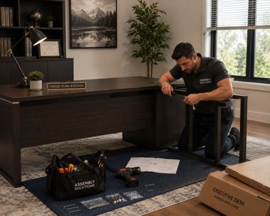 Man assembling a black desk in a home office with tools, parts, and cardboard boxes on the floor