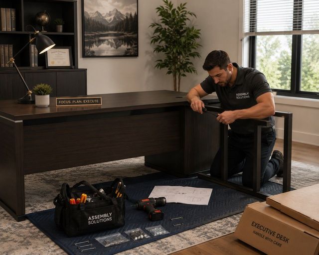 Man assembling a dark wood desk in a bright office with tools and cardboard boxes nearby
