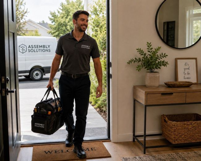 Man carrying a black duffel bag into a bright entryway with a doormat and wooden console table.