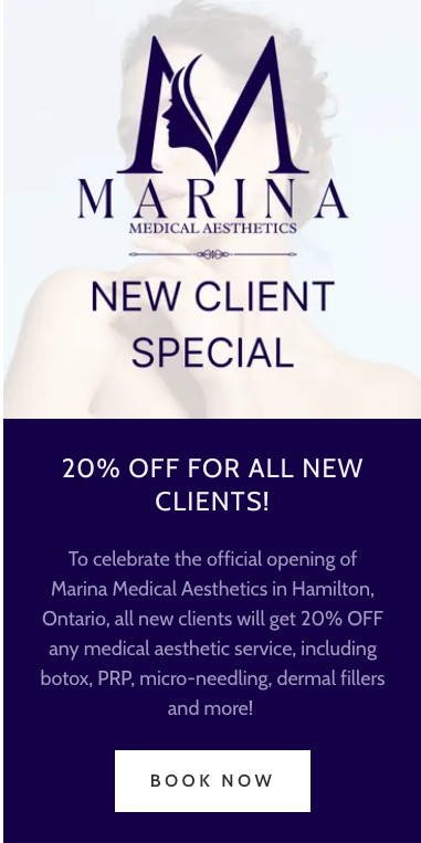 Marina medical aesthetics is offering a 20 % off for all new clients