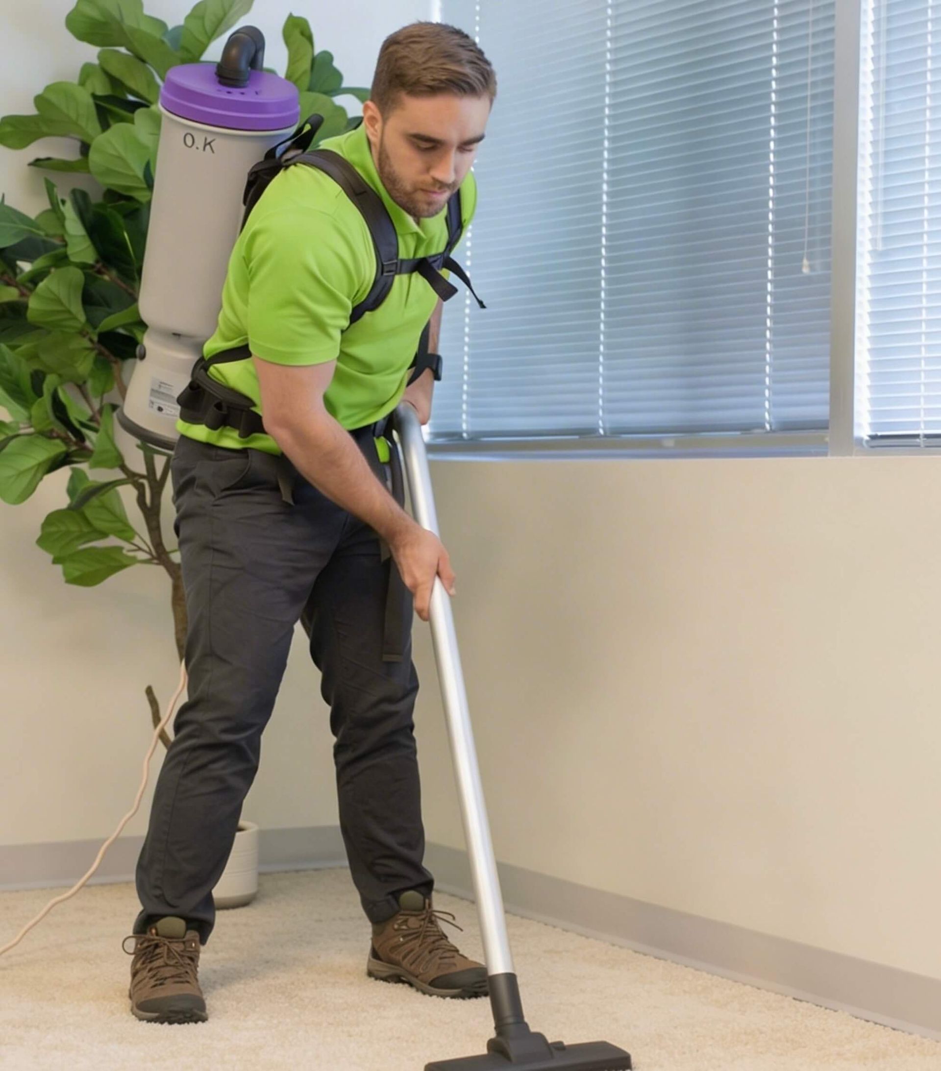 Man vacuuming office carpet with backpack vacuum cleaner.