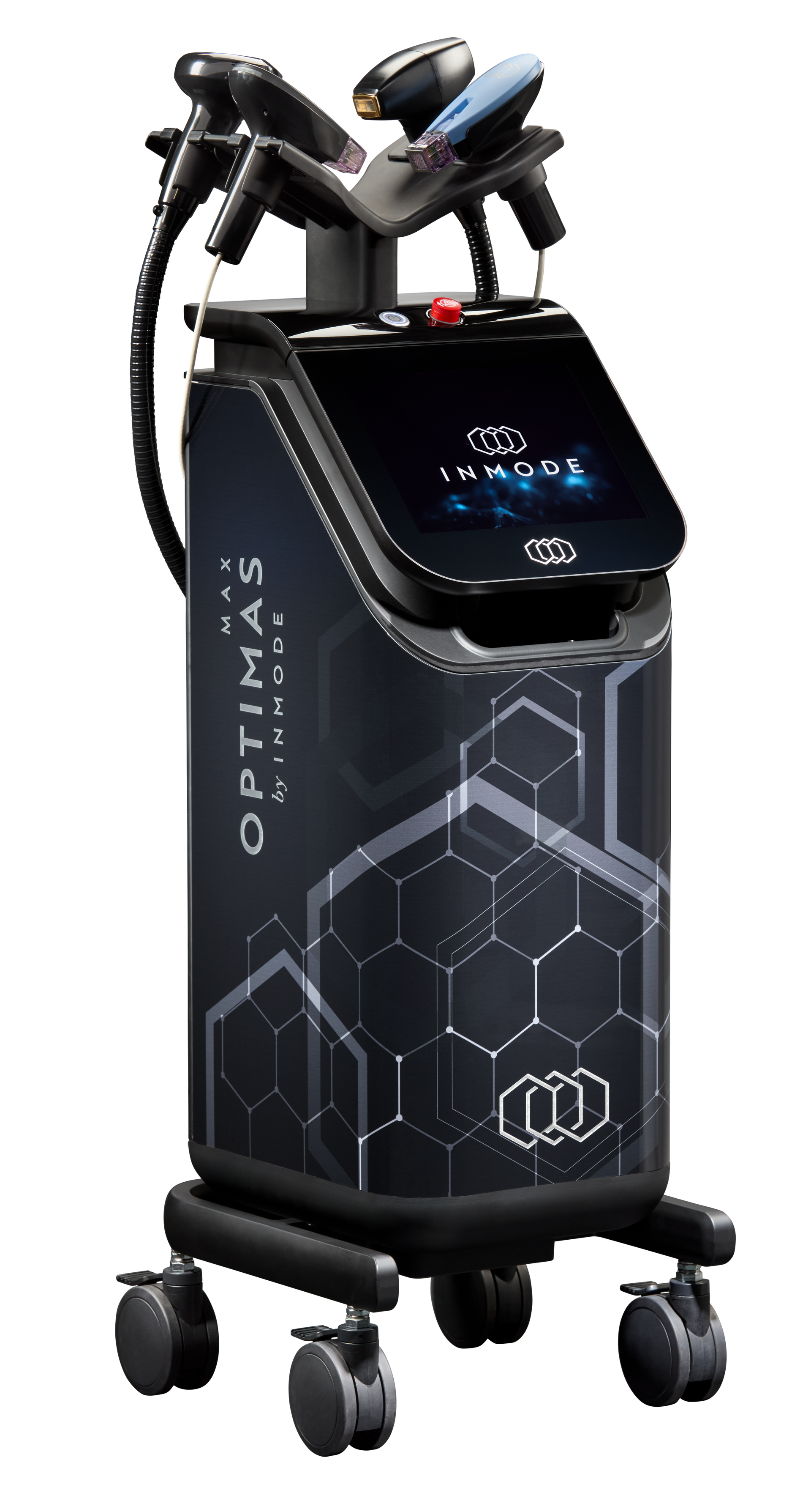 Black medical machine with multiple applicators, touchscreen, and geometric design on a rolling base.