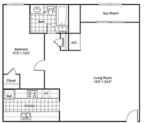 Duval Court Floorplan 1bd:1ba:Sunroom