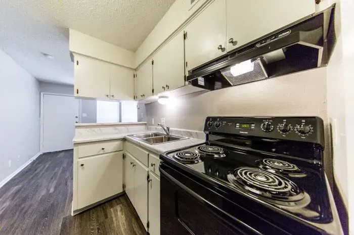 Pecan Square - kitchen with grey laminate flooring and black electric stove.