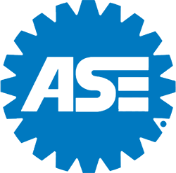 Blue ASE logo inside a gear-shaped emblem.