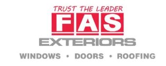 FAS Exteriors logo with &ldquo;Trust the Leader&rdquo; and services: windows, doors, roofing