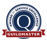 Guildmaster “Award of Service Excellence” logo in blue, white, and red with ribbon banner