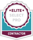 Elite Select Pro contractor badge in white, maroon, and teal with stars
