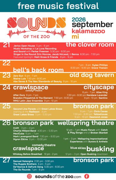 Free music festival poster for Sounds of the Zoo, Sept. 21–27, 2025 in Kalamazoo, MI