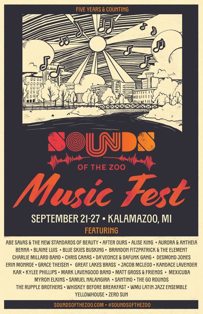 Vintage poster for “Sounds of the Zoo Music Fest” in Kalamazoo, MI, September 21–27, with bold orange and red text.