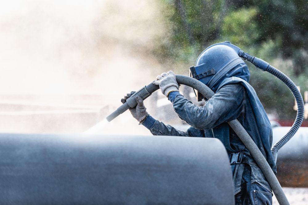 A Man Wearing a Helmet and Gloves is Sandblasting a Pipe — Goat Collective in Lismore, NSW