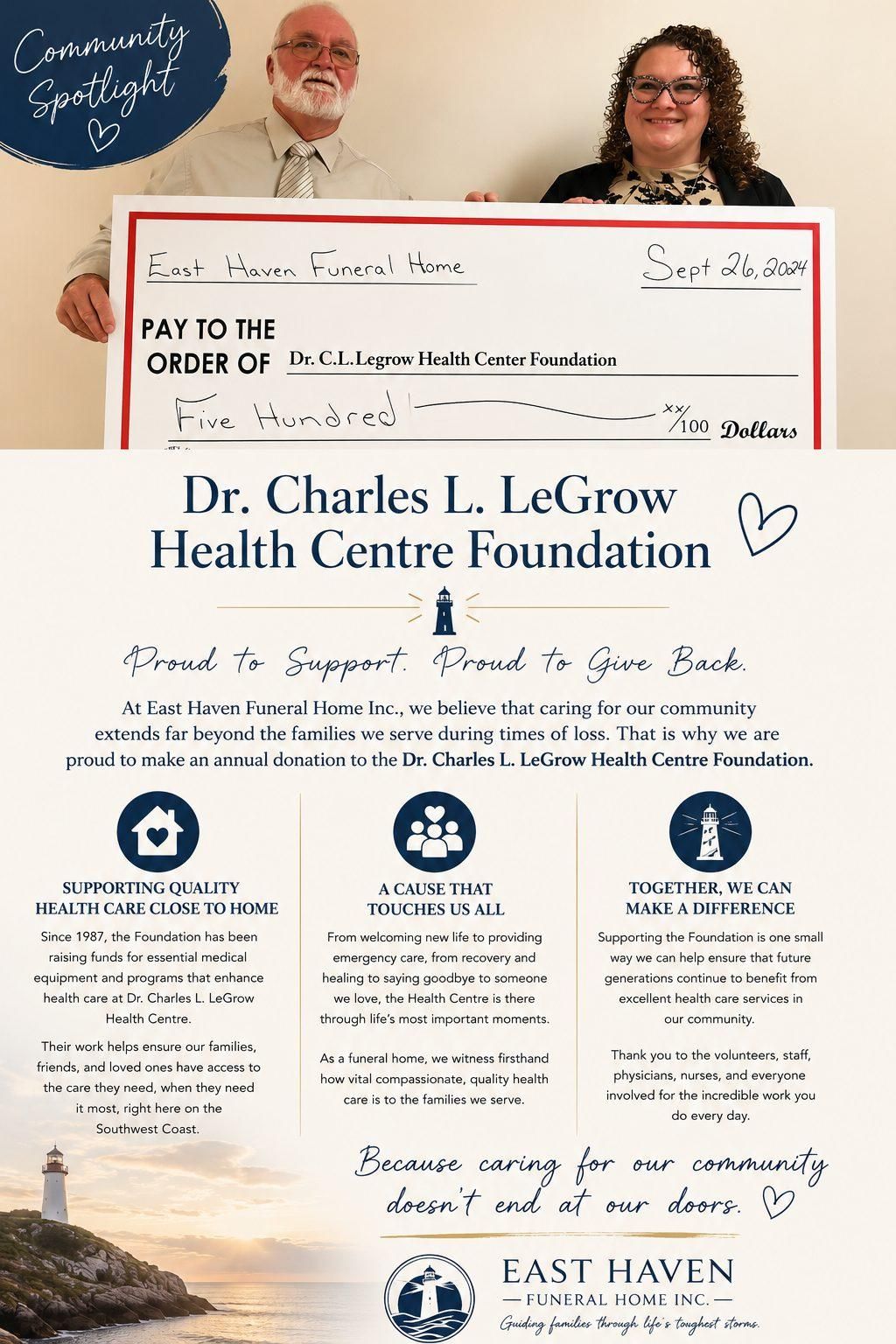 Two people holding a large ceremonial check for Dr. Charles L. LeGresley Health Centre Foundation.