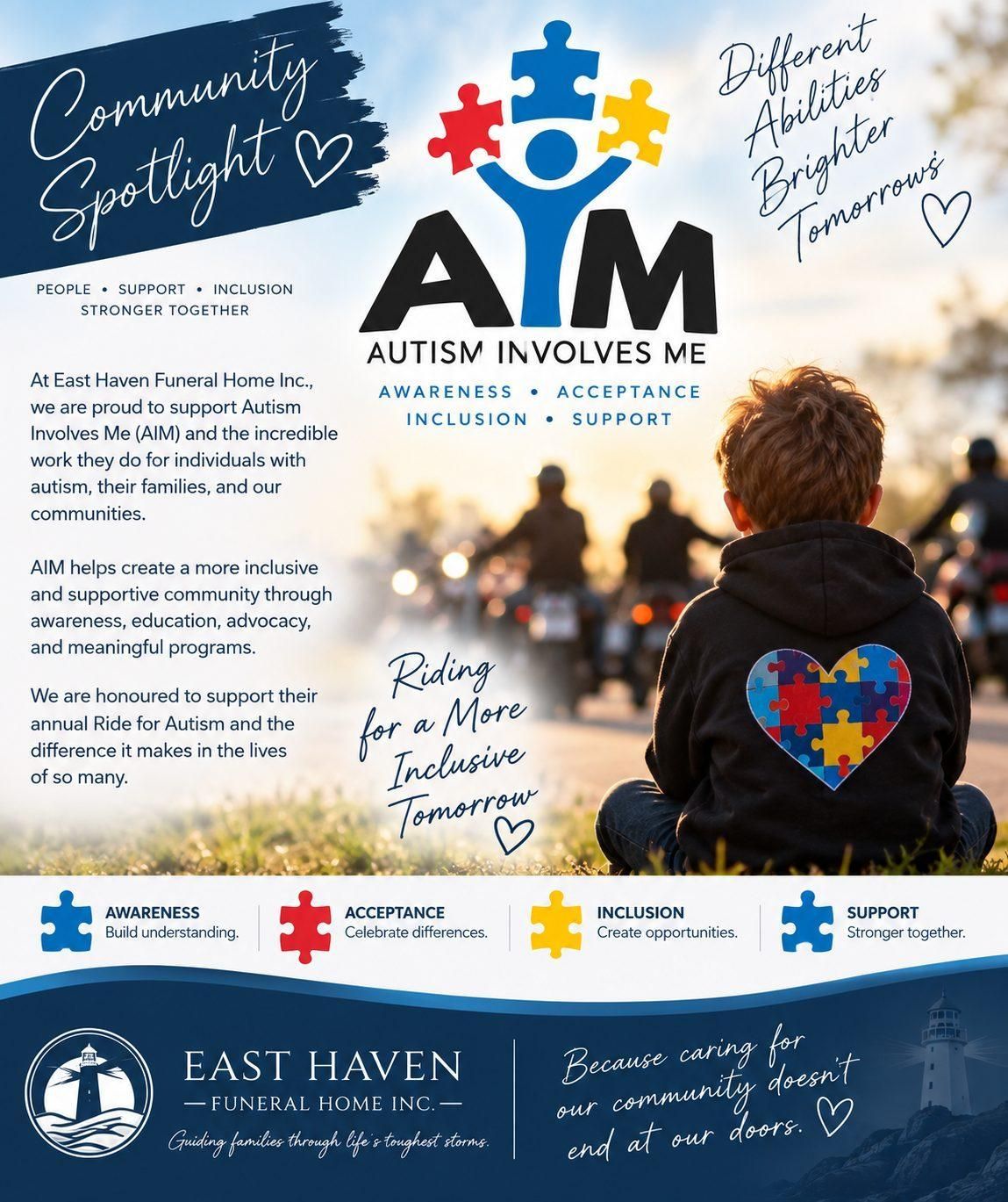 Autism acceptance poster with puzzle pieces and a child facing a sunset harbor scene