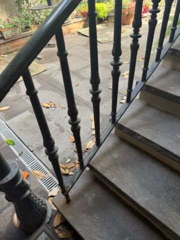 Black metal stair railing beside concrete steps and a sidewalk with scattered leaves