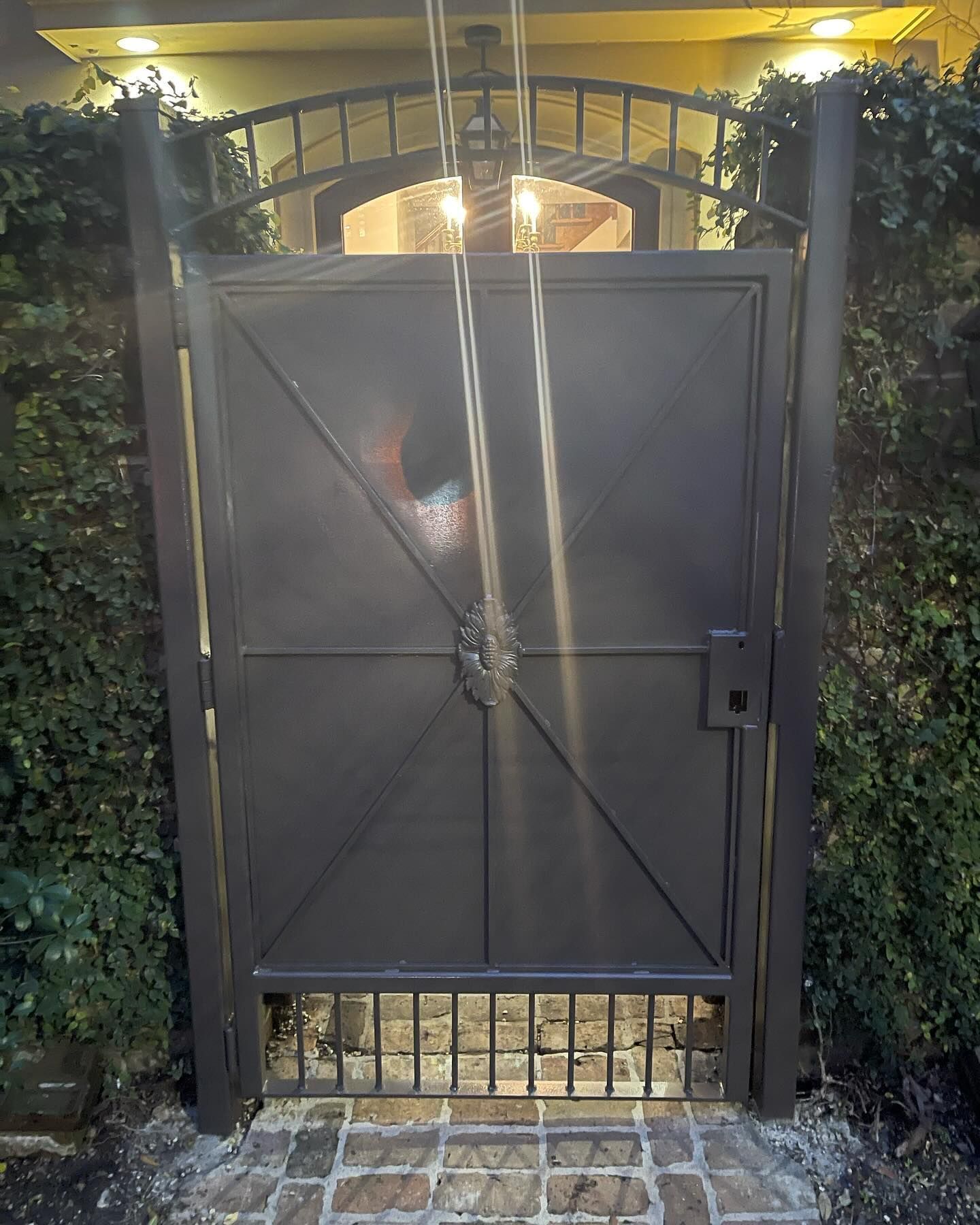 Black metal gate with crisscross braces set in a vine-covered wall, lit at night.