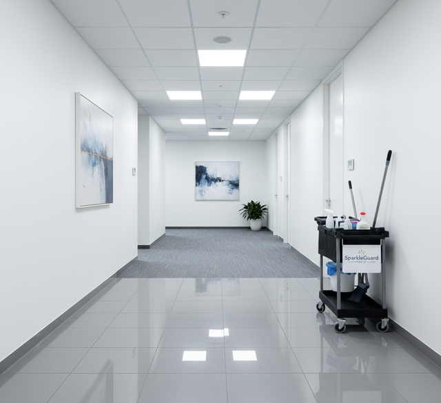 Clean, white office hallway with cleaning cart and artwork.