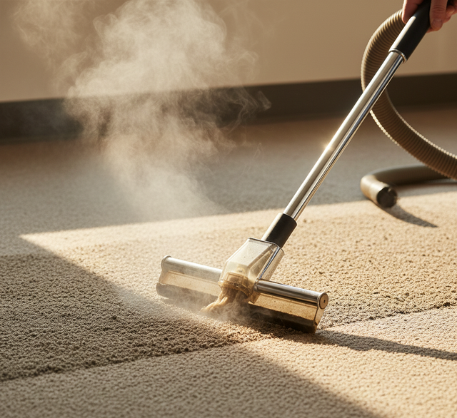 Steam cleaner on carpet, removing dirt. Smoke rises as cleaner moves.
