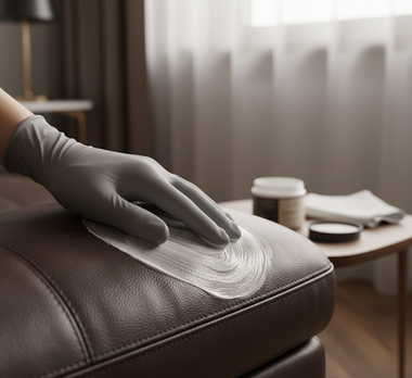 Gloved hand applying a cream to a brown leather couch. A jar, cloth, and lamp are in the background.