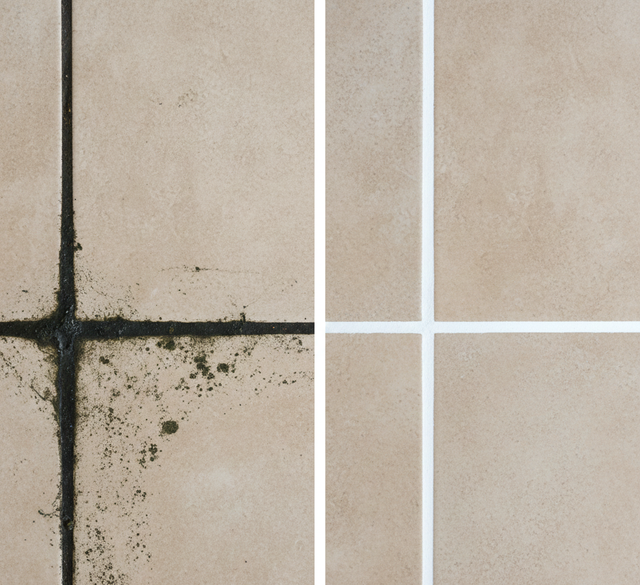 Before and after of tile grout, showing dirty, moldy grout on the left and clean, white grout on the right.