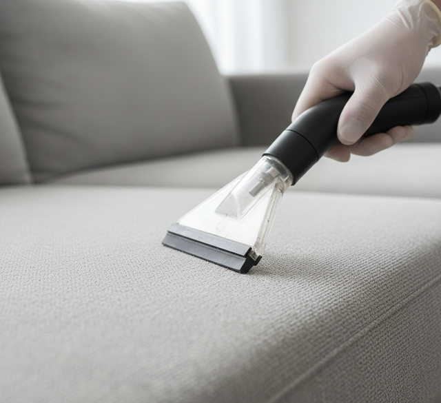 Person wearing glove vacuuming a gray couch.