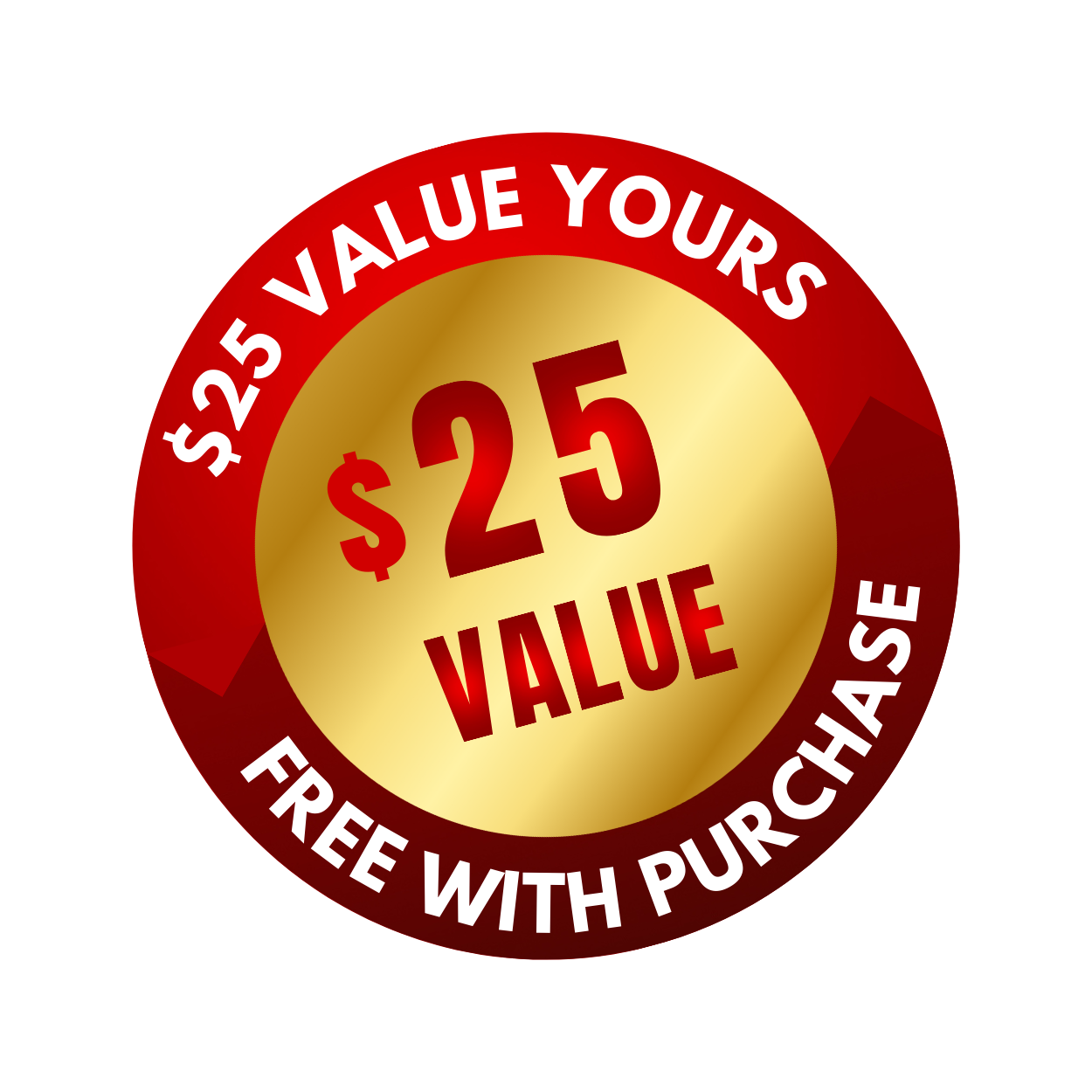 A sticker that says $ 50.00 value yours free with purchase