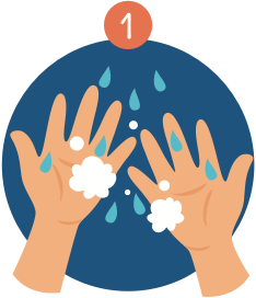 Washing hands with soap and water, step 1 in a sequence; blue water drops and circle with the number 1.
