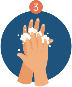 Hands being washed with soap, inside a blue circle; labeled