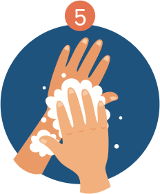 Hands being washed with soap, inside a blue circle; labeled