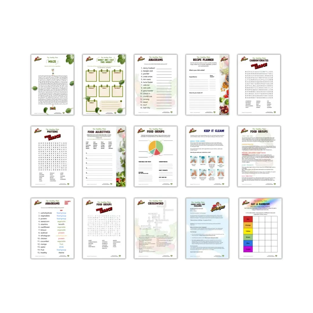 A collection of 15 worksheets on fruits and vegetables, each with graphics, text, and different activities.