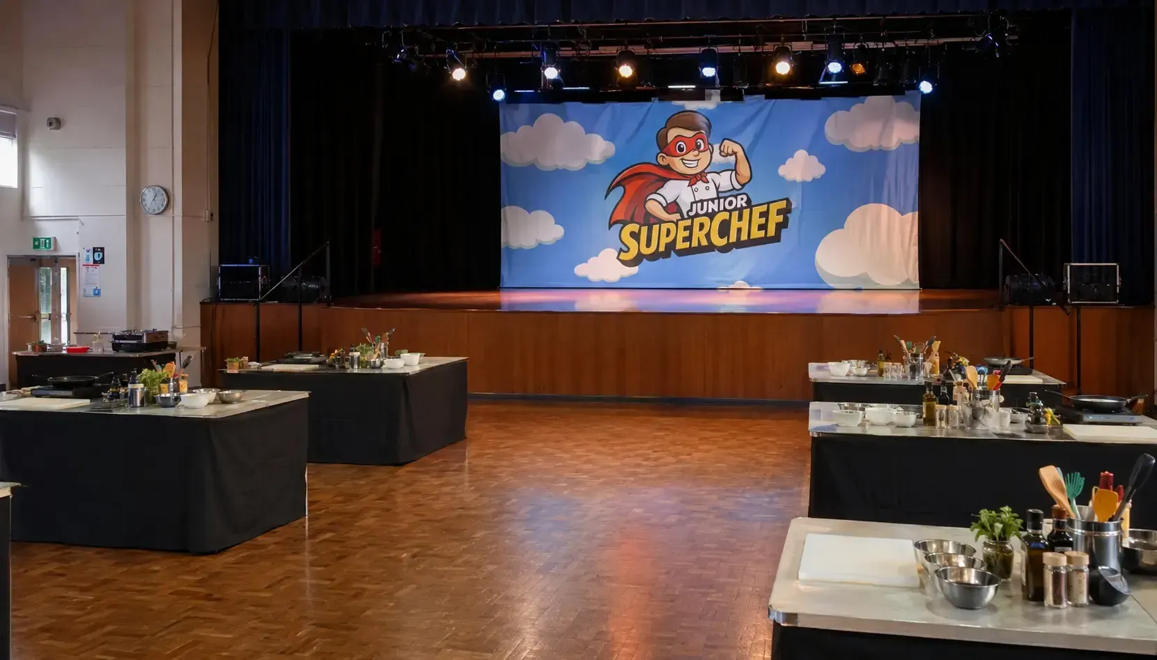Primary school pupils learning practical cooking skills during a Junior SuperChef school cooking workshop
