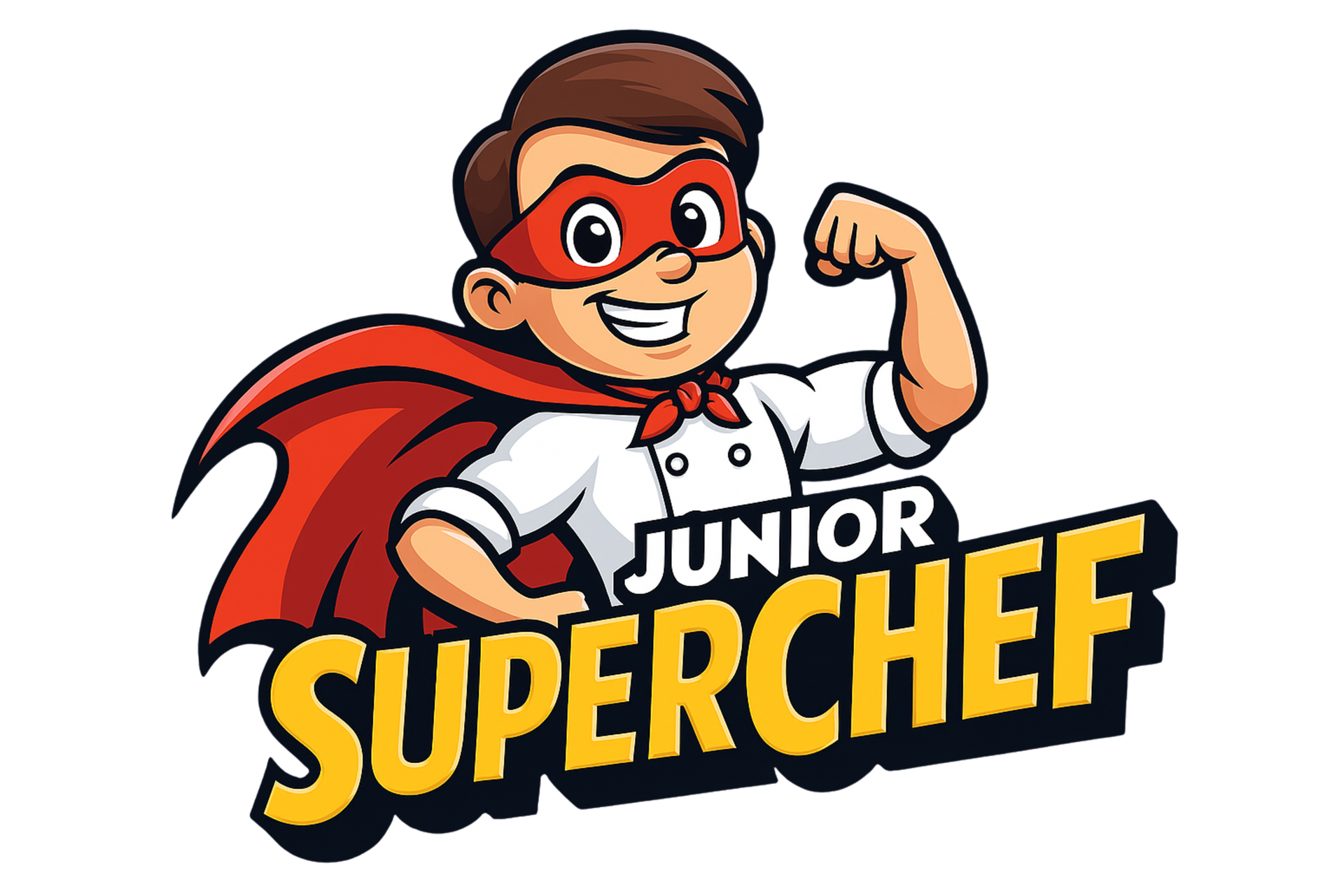 Junior Superchef cartoon logo: boy with cape and chef uniform flexing arm.