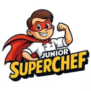 Junior Superchef mascot: smiling boy in chef coat, cape, and mask flexing arm.