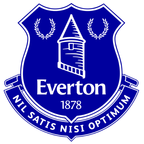 Everton Football Club crest: blue shield with white tower, laurel wreaths, and