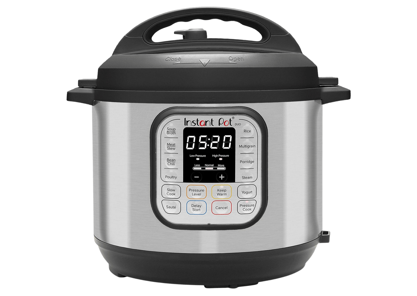 Silver and black Instant Pot, digital display shows time, control panel buttons visible.