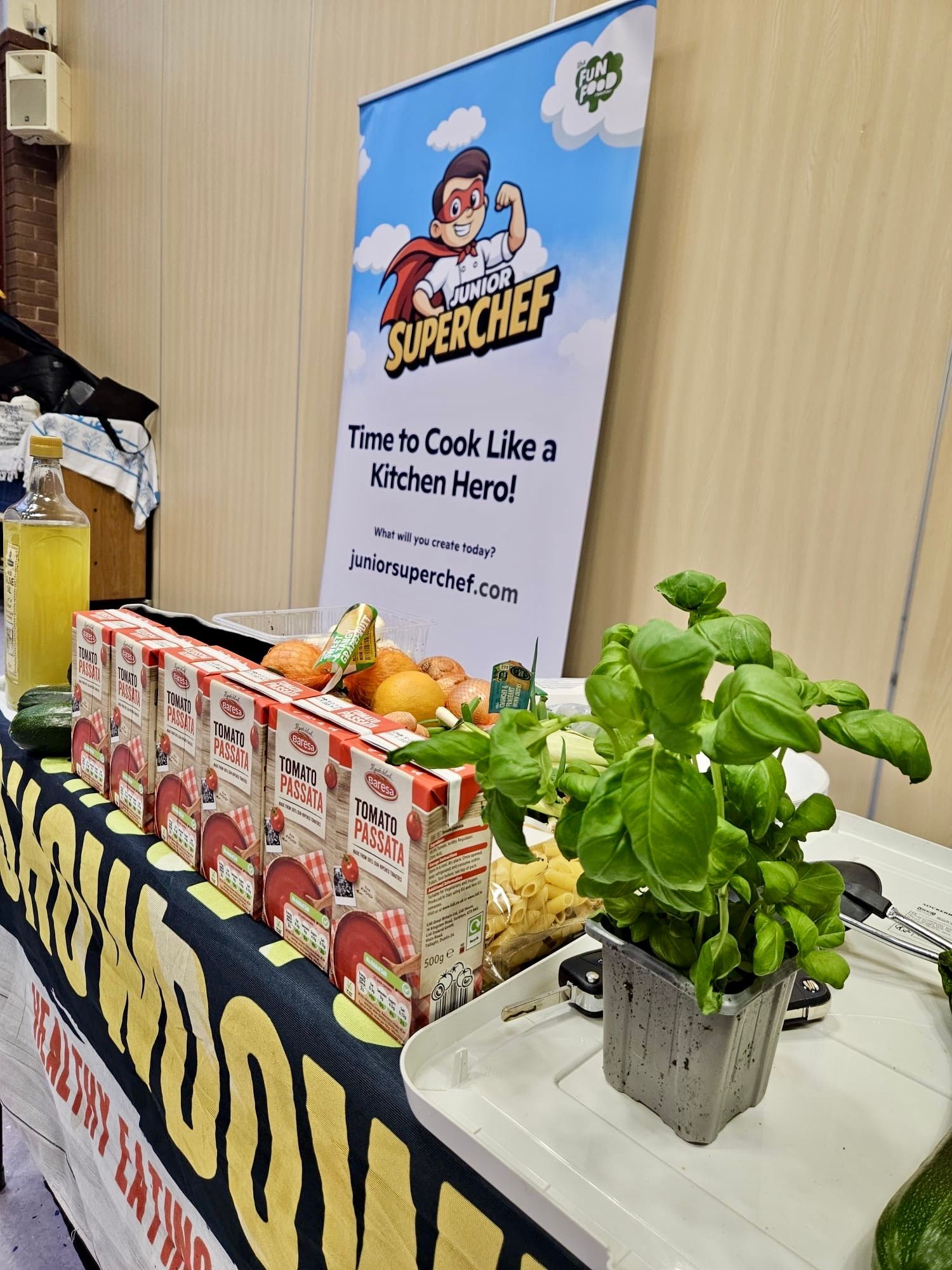 Junior SuperChef school cooking workshop banner set up for pupils in a UK school