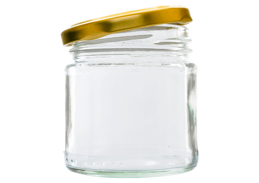 Clear glass jar with gold lid slightly open.