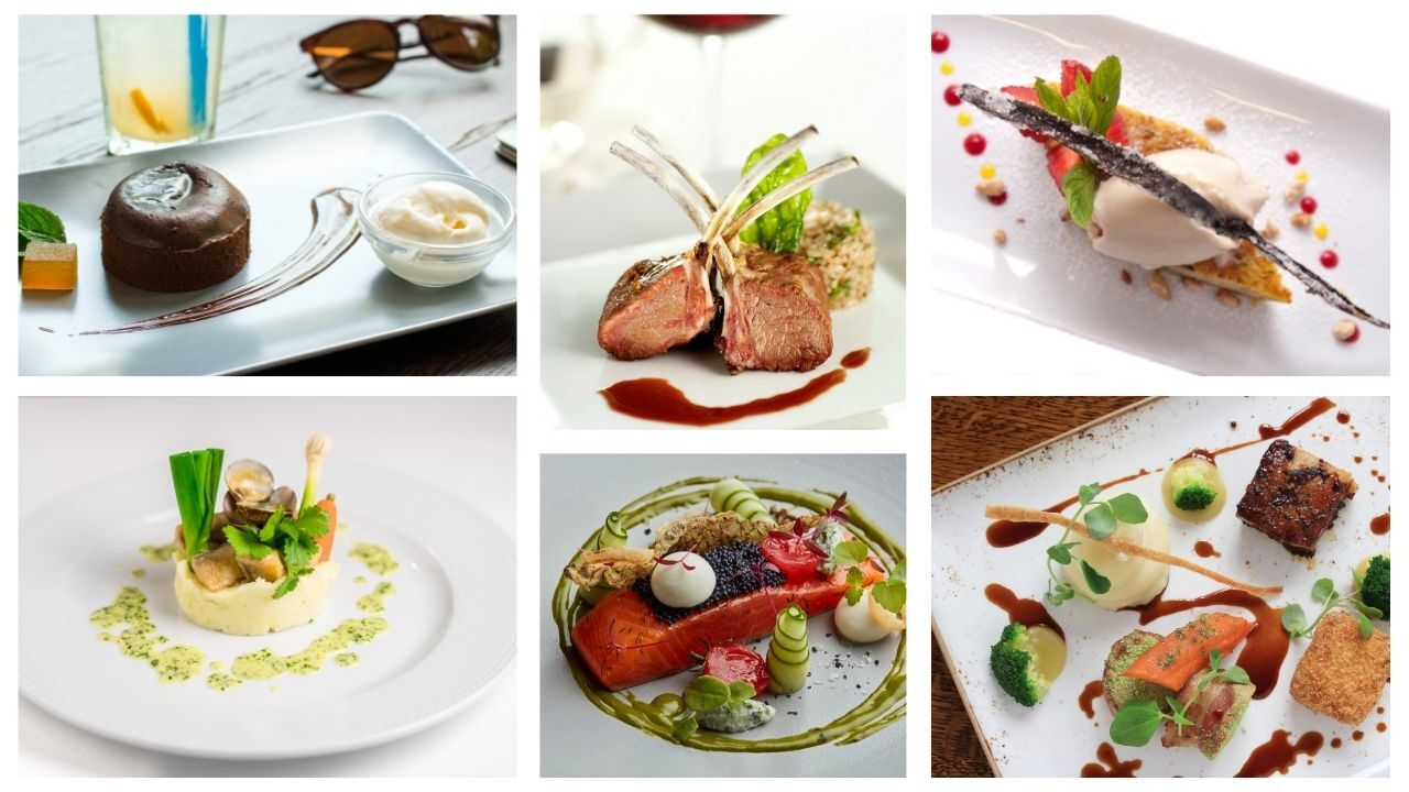 Six plates of gourmet food arranged, including cakes, meats, and seafood with artful sauces and garnishes.