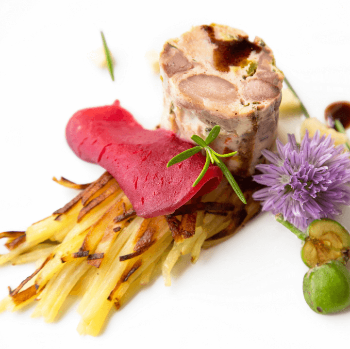 Gourmet dish: sliced meat roll, red element, potato straws, purple flower, and green fruit on a white plate.
