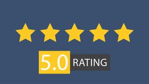 Five gold stars with a 5.0 rating displayed on a navy blue background.