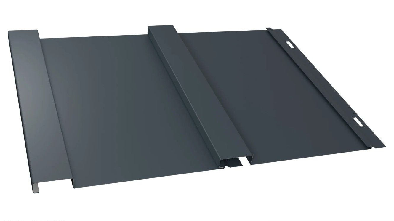 Dark gray metal roof panels with raised seams and mounting slots, laid flat on a white background
