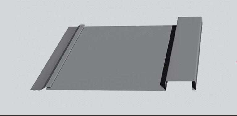Dark gray metal roofing panel with ridges and mounting slots, shown on a white background